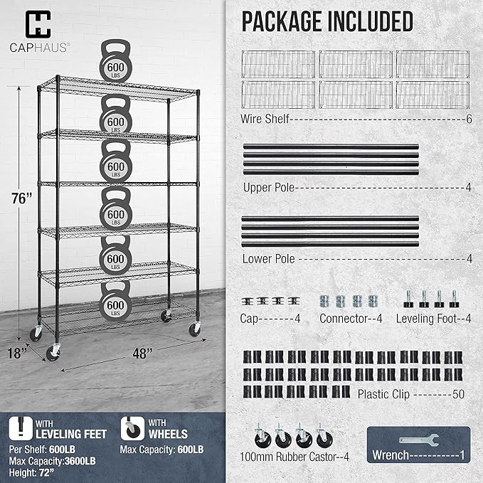CAPHAUS NSF Commercial Grade Heavy Duty Wire Shelving w/Wheels, Leveling Feet & Liners, Storage Metal Shelf, Garage Shelving Storage, Utility Wire Rack Storage Shelves, 48 x 18 x 76 6-Tier No Liner-NeatNest