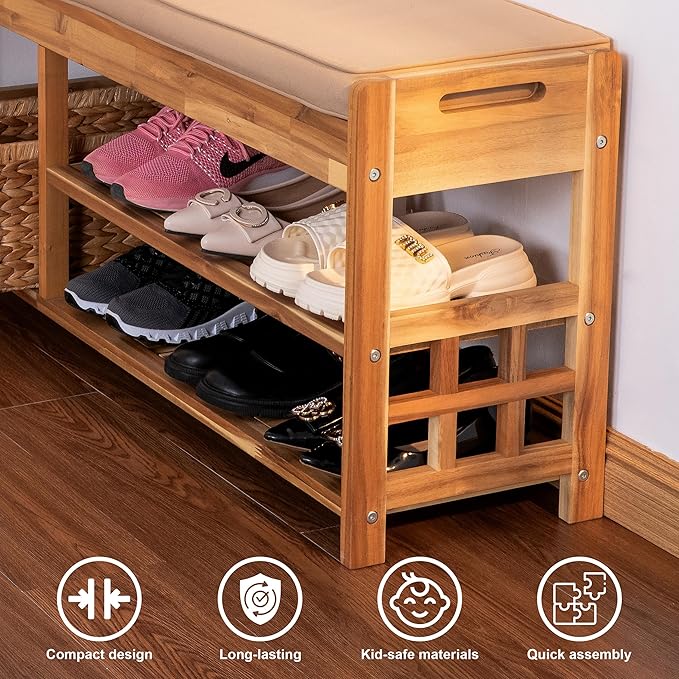 Wooden Shoe Rack with Bench Seat - Light Natural Acacia Wood Entryway Organizer with Cushioned Top & Easy-Move Handles - Multi-Level Shoe Shelf (39.4 x 11.6X 19.29)-NeatNest