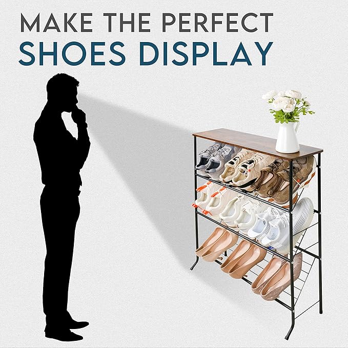 Narrow Shoe Rack for Front Door Entrance,4-Tier Shoes Rack Storage Organizer with 3 Slanted Shelves and Top Shelf for Entryway,Skinny Space Saving Shoe Rack, Black-NeatNest