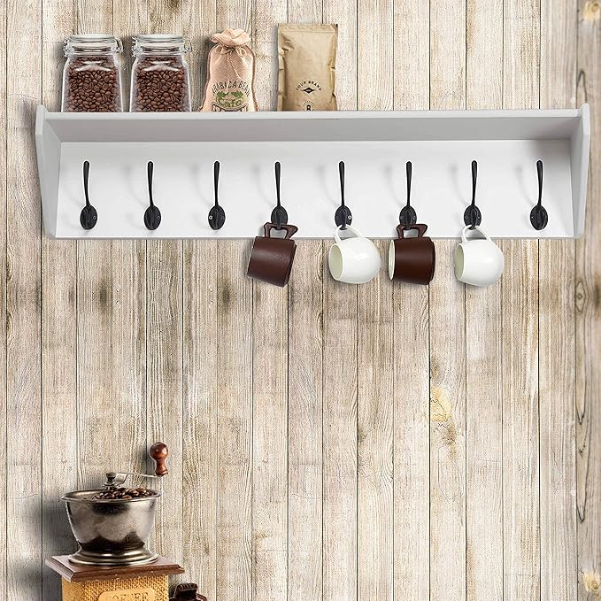 DSEAP Heavy Duty Coat Rack Wall Mount with Hooks and Shelf, Ideal for Entryway, Mudroom, Kitchen, Bathroom - White & Black
