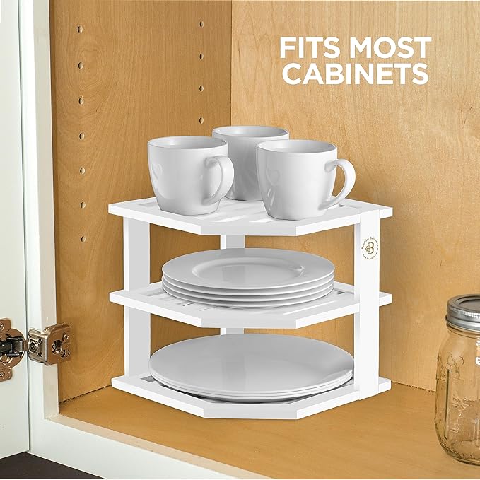 Cabinet Organizer Shelf - Bamboo Corner Rack for Kitchen Counter, Cabinet Space Saver for Plates, Dishes, Bowls, Bread Pantry, Bathroom Storage or Countertop Stand, White-NeatNest