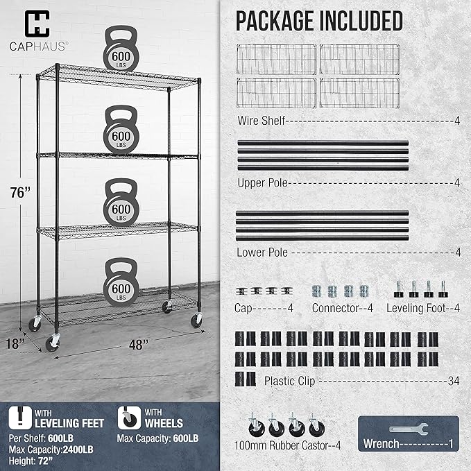 CAPHAUS NSF Commercial Grade Wire Shelving w/Wheels, Leveling Feet & Liners, Storage Metal Shelf, 48 x 18 x 76 4-Tier No Liner (RWW-CH48184HDW-BK@CH-CM)-NeatNest