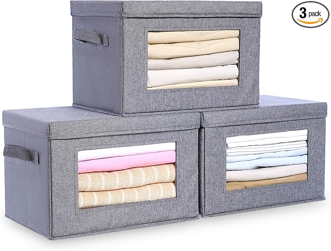 Citylife 3-Pack Collapsible Storage Bins with Lids, Linen Fabric Foldable Storage Boxes, Cube Closet Organization for Clothes, Blankets and Books, Gray-NeatNest