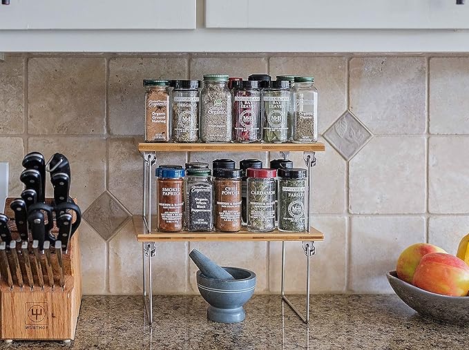 Internet's Best - Stacking Utility Shelf - Bamboo - 2 Shelves - Kitchen Cabinet Closet Organizer and Storage - Small-NeatNest