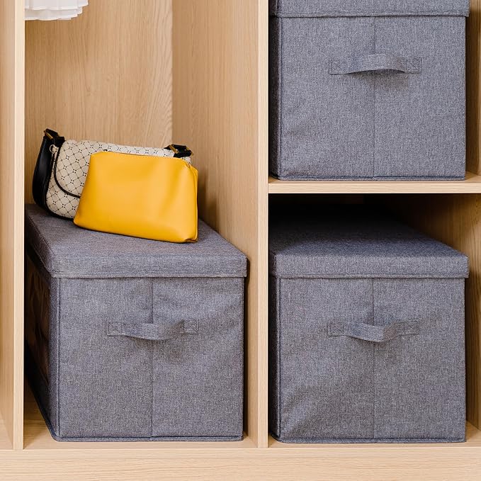 Citylife 3-Pack Collapsible Storage Bins with Lids, Linen Fabric Foldable Storage Boxes, Cube Closet Organization for Clothes, Blankets and Books, Gray-NeatNest