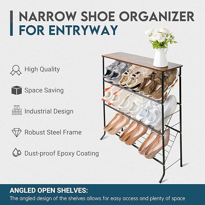 Narrow Shoe Rack for Front Door Entrance,4-Tier Shoes Rack Storage Organizer with 3 Slanted Shelves and Top Shelf for Entryway,Skinny Space Saving Shoe Rack, Black-NeatNest