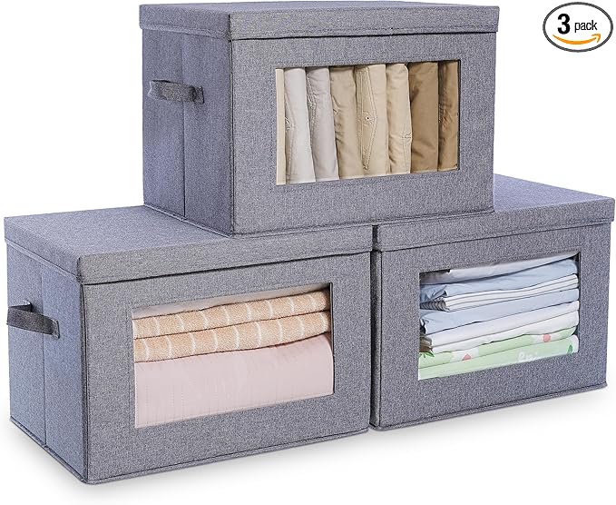 Citylife 3-Pack Collapsible Storage Bins with Lids, Linen Fabric Foldable Storage Boxes, Cube Closet Organization for Clothes, Blankets and Books, Gray-NeatNest
