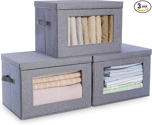 Citylife 3-Pack Collapsible Storage Bins with Lids, Linen Fabric Foldable Storage Boxes, Cube Closet Organization for Clothes, Blankets and Books, Gray-NeatNest