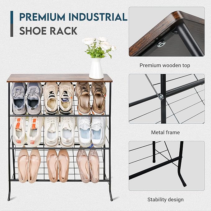 Narrow Shoe Rack for Front Door Entrance,4-Tier Shoes Rack Storage Organizer with 3 Slanted Shelves and Top Shelf for Entryway,Skinny Space Saving Shoe Rack, Black-NeatNest