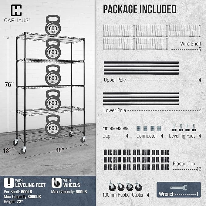 CAPHAUS NSF Commercial Grade Wire Shelving w/Wheels, Leveling Feet & Liners, Storage Metal Shelf, 48 x 18 x 76 5-Tier No Liner (RWW-CH48185HDW-BK@CH-CM)-NeatNest