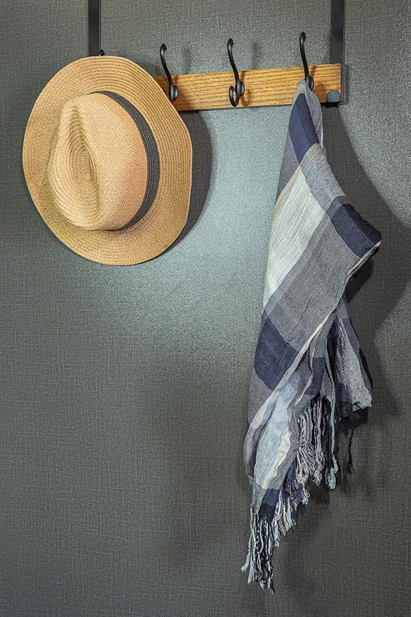 creathome Dual-Purpose Wooden Hanger with 4 Ring Hooks Classic Color, Behind/Over The Door Towel Rack for Bathroom, Heavy Duty Wall Mounted Coat Rack, No Drilling