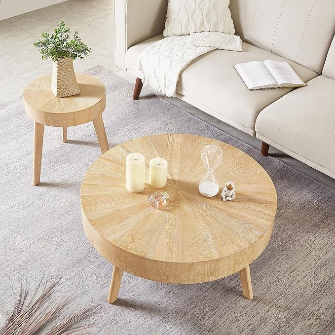 Gexpusm Round Wood Coffee Tables for Living Room, Farmhouse Circle Coffee Table, Rustic Mid Century Wooden Coffee Tables for Apartment, Easy Assembly (Only Coffee Table, 31.50" Dx31.50 Wx14.29 H)