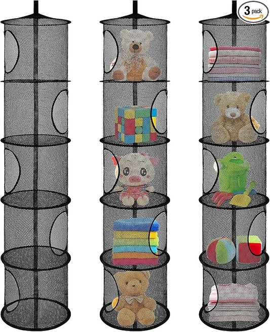 3Pcs Stuffed Animal Storage Foldable Stuffed Animal Net or Hammock Organizer, 5 Compartments Hanging Mesh Toy Storage Hammock for Kid Room Toys, Gloves, Hats, Socks（Black）-NeatNest