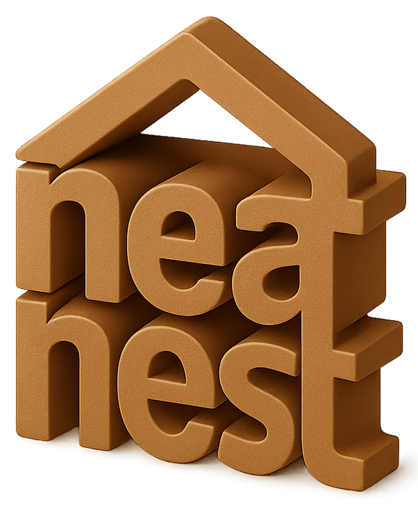 NeatNest 3D logo with stacked text and house-shaped roof design, symbolizing home storage and organization
