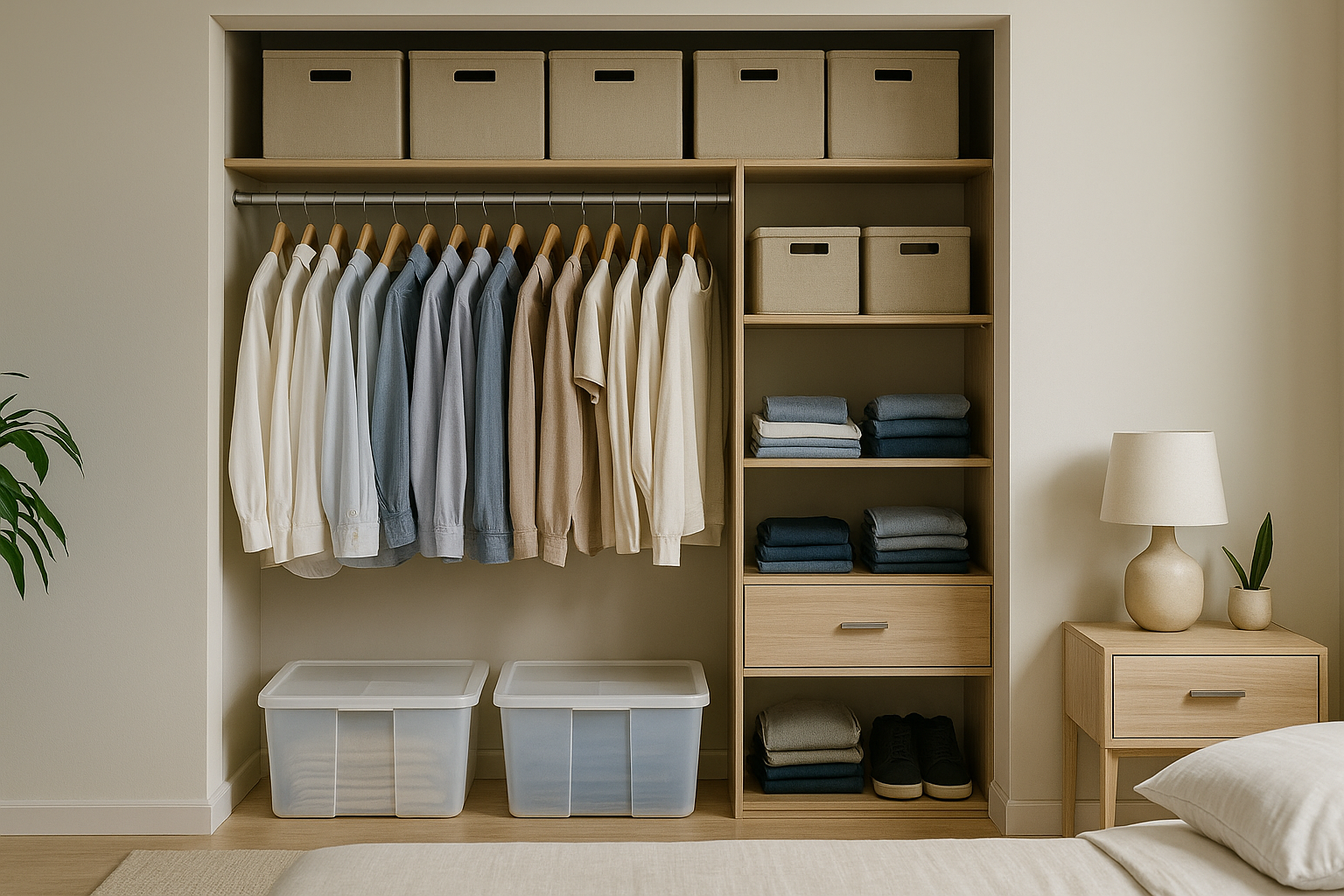Modern bedroom closet with NeatNest organizers neatly arranging shirts, jeans, and storage bins, creating a tidy and functional space.