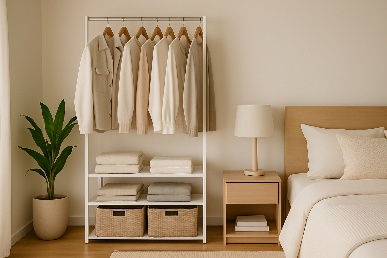 Wide horizontal view of a modern bedroom with NeatNest closet organizer, folded clothes, woven bins, and a calm minimalist atmosphere.