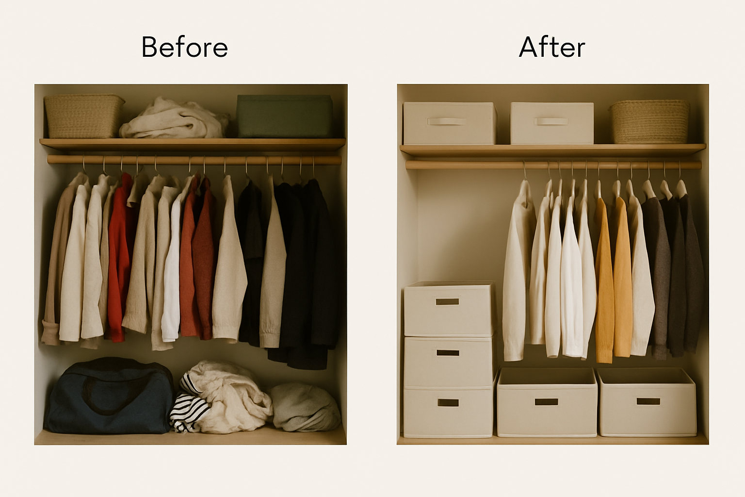 NeatNest closet before and after horizontal view showing messy wardrobe transformed into organized space with storage boxes