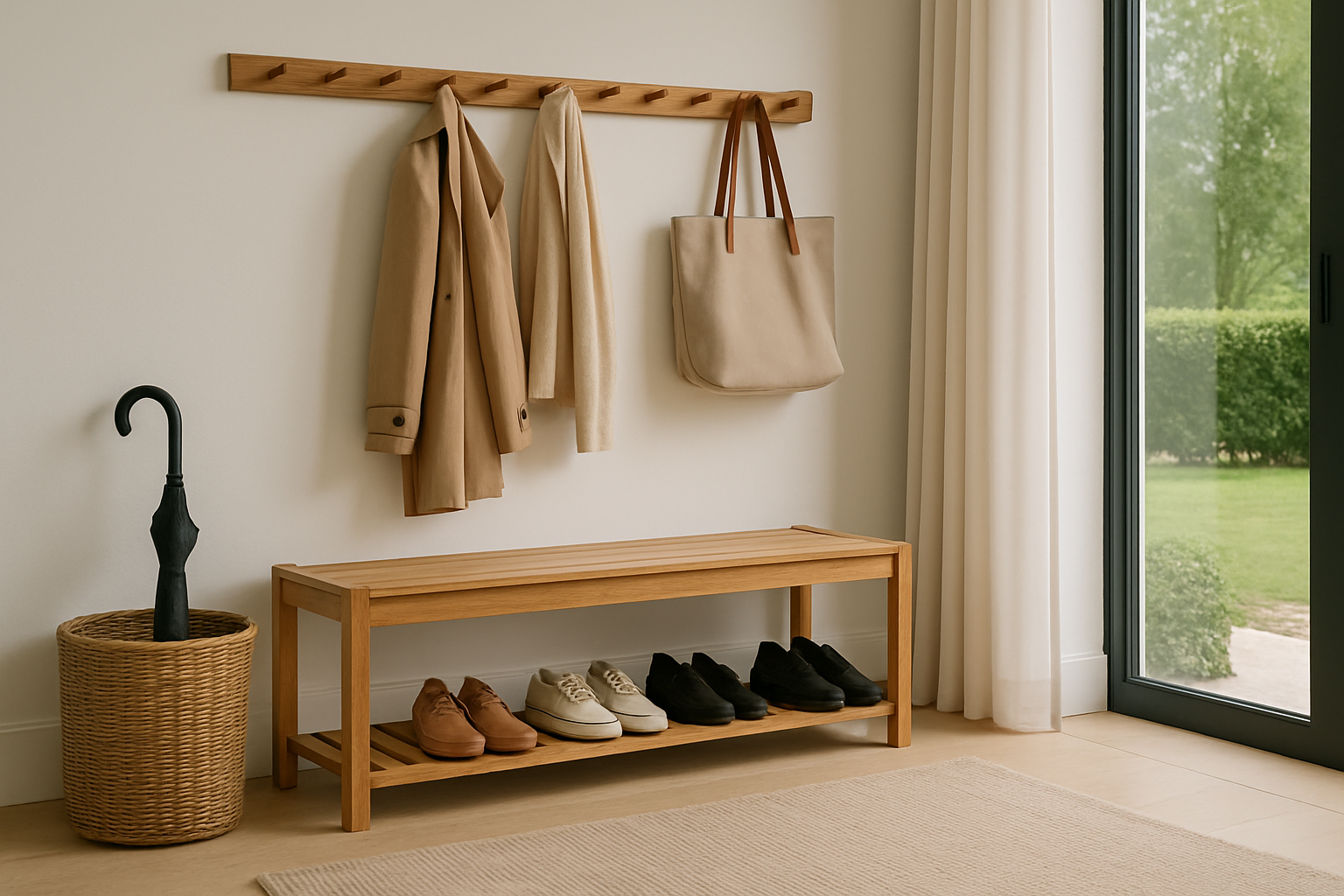 Wide horizontal view of a modern entryway with NeatNest shoe rack, coat hooks, and woven basket, creating a tidy and welcoming space.