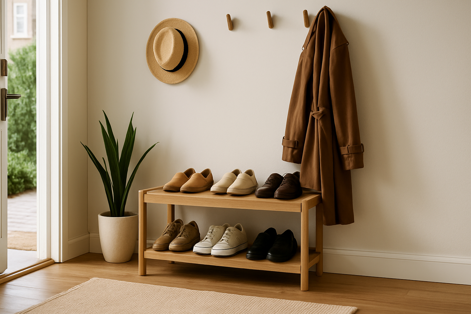 Realistic photo of a modern entryway with a sturdy and stylish NeatNest shoe rack neatly organizing shoes, creating a welcoming hallway.