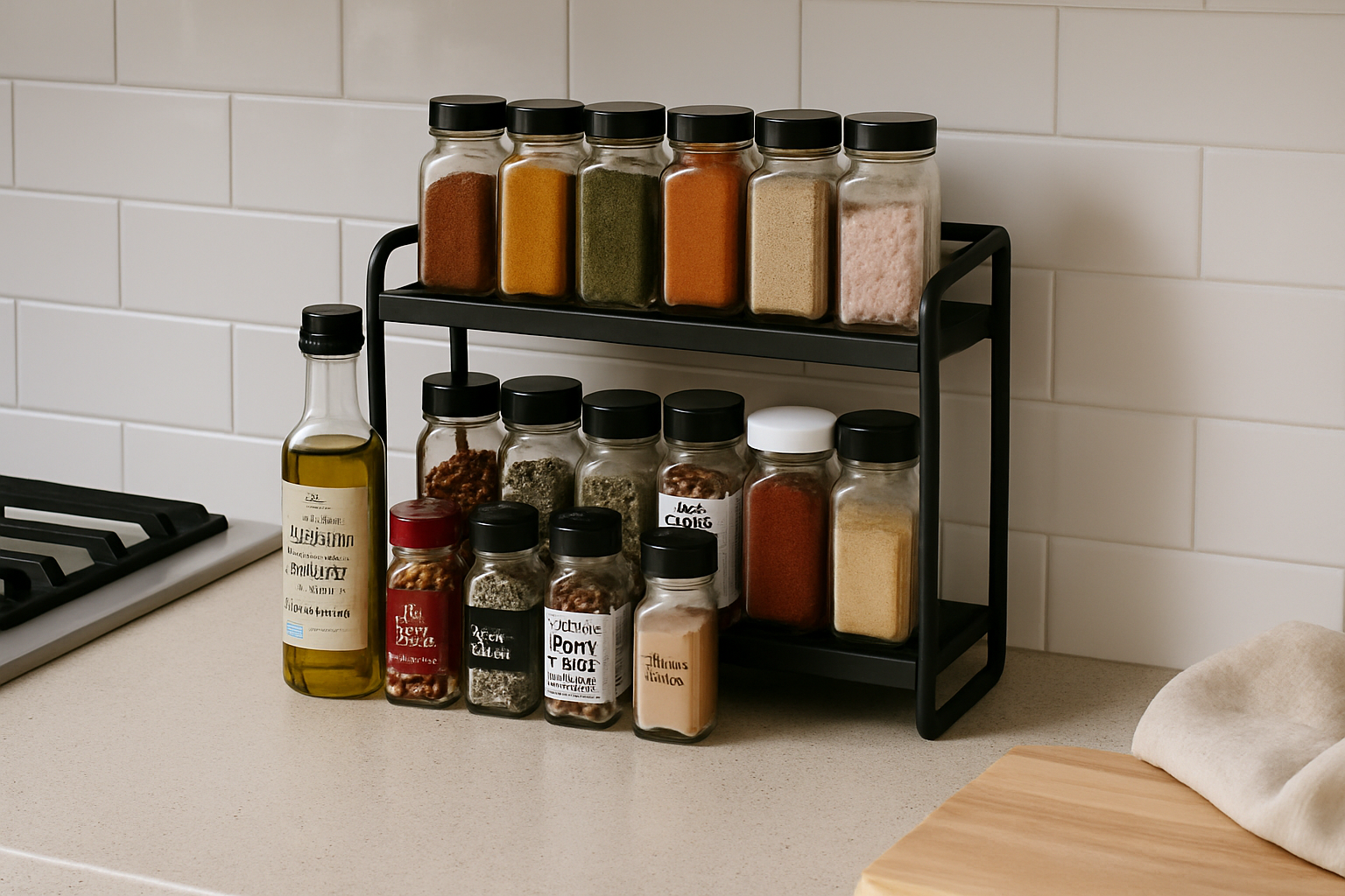 Modern kitchen countertop with a NeatNest spice organizer neatly holding spice jars, creating a clean and clutter-free cooking space.