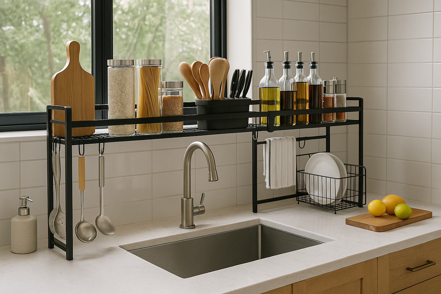 Modern kitchen with NeatNest over-the-sink rack neatly holding utensils, jars, and bottles for an organized countertop.
