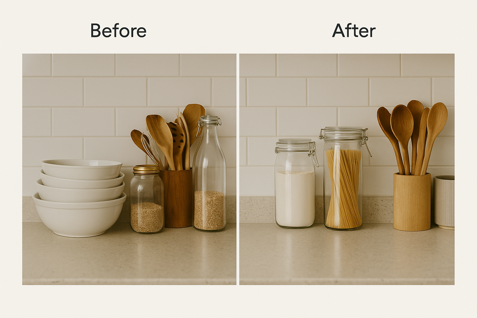 NeatNest kitchen storage horizontal view with neatly organized bowls, jars, and utensils on a tidy counter