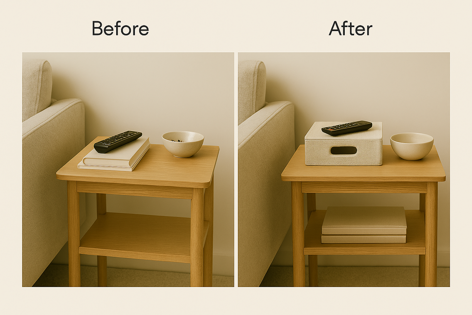 NeatNest living room side table before and after horizontal view showing cluttered surface transformed into a tidy space with storage box and organized items