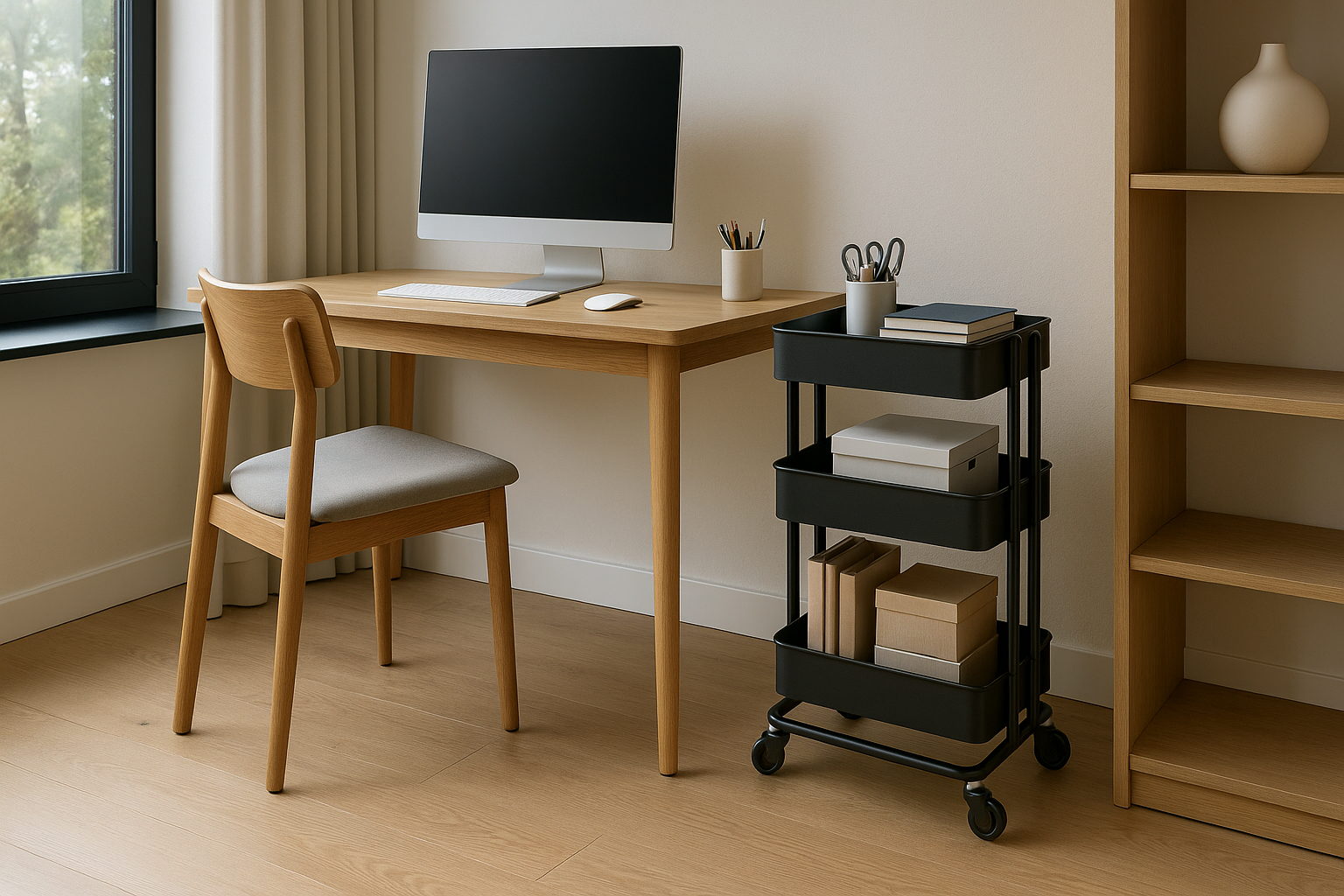 Modern home office with a NeatNest rolling storage cart neatly holding office supplies beside a desk in a bright and organized workspace.
