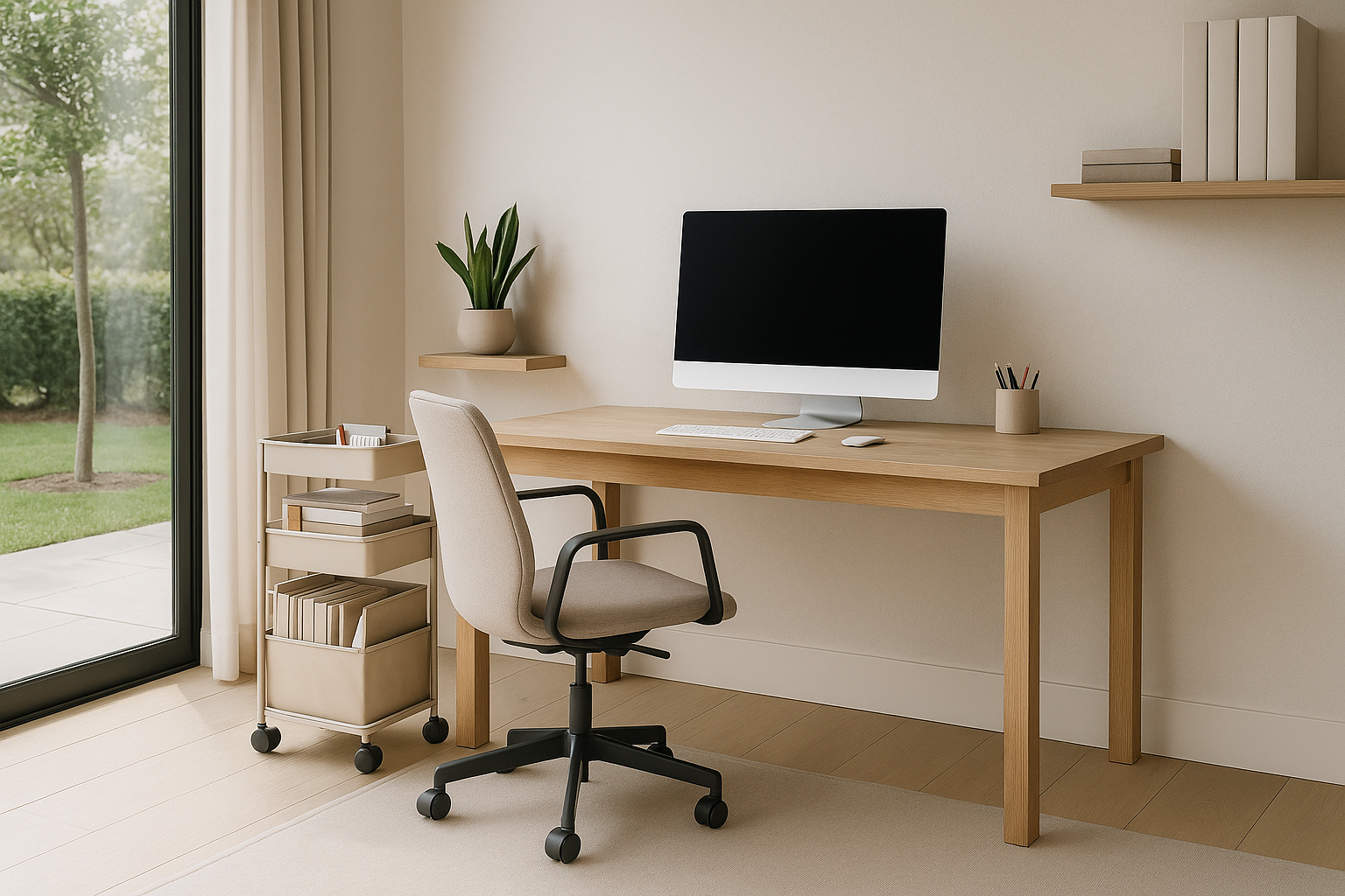 Wide horizontal view of a modern home office with NeatNest rolling storage cart, organized desk, and shelves creating a tidy and productive space.