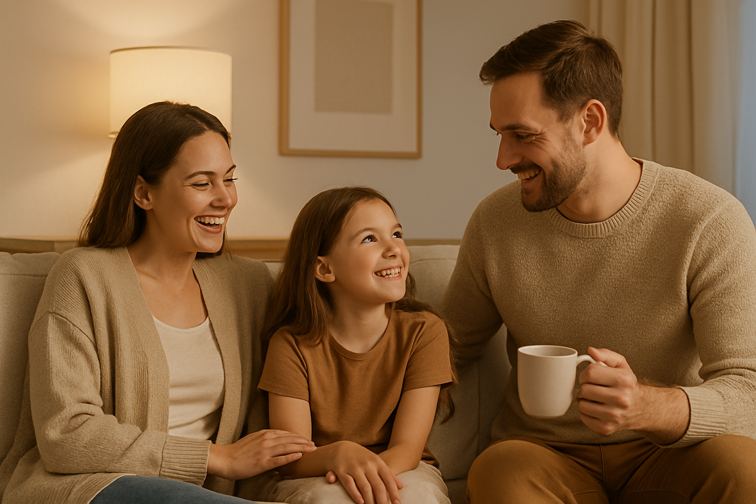 NeatNest cozy family in a tidy modern living room enjoying a clutter-free space with warm lighting and neutral tones
