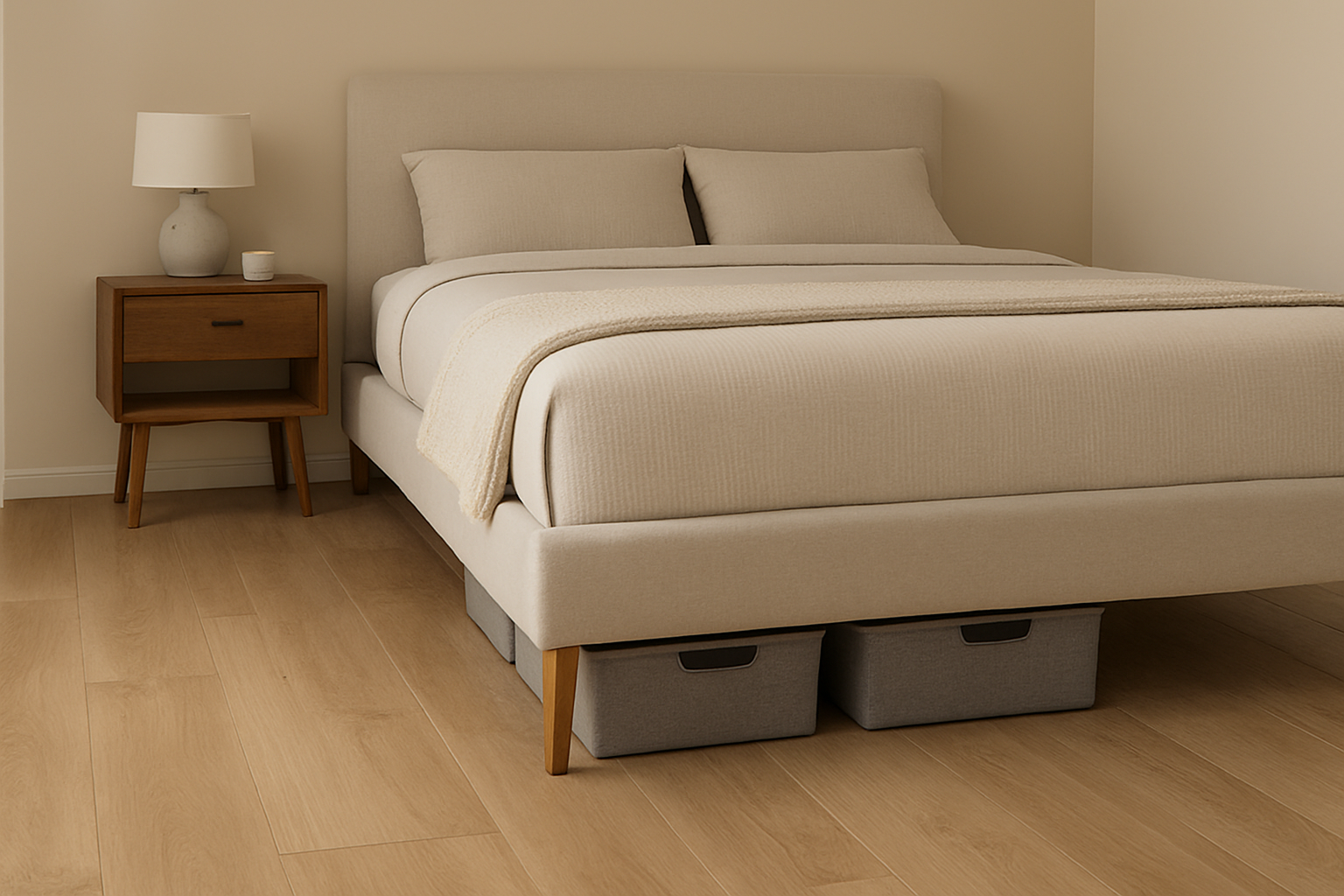 Modern bedroom with NeatNest under-bed storage bins neatly placed beneath a beige bed, creating a tidy and space-saving interior.